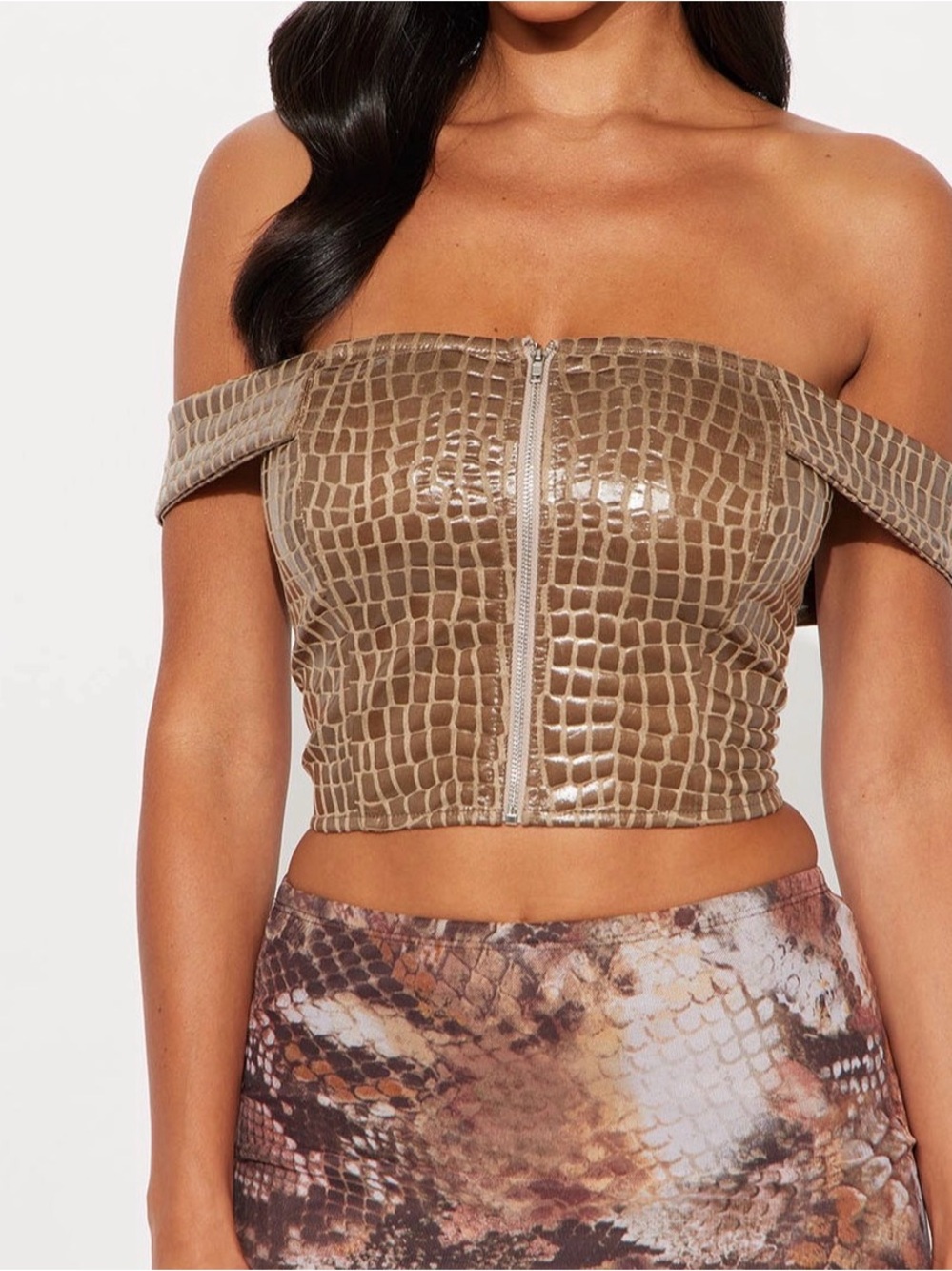 Fashion Nova Taupe Croc-Embossed Off-Shoulder Zip Front Crop Top
